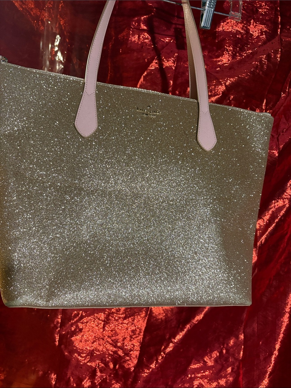 kate spade Gold Glitter Tote with Pink Handles